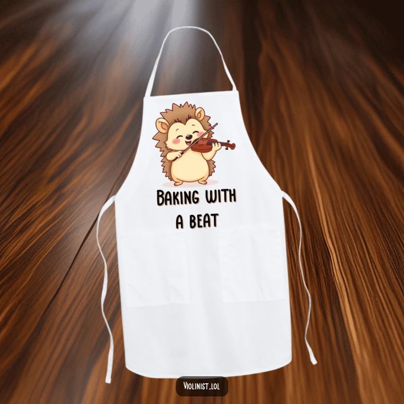 Funny apron depicting a jolly hedgehog playing violin with rhythmic motion, ready for a musical cooking session.