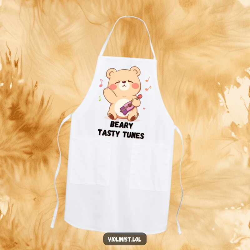 Funny bear bowing passionately while cooking, eyes closed in musical bliss, on a kitchen apron, perfect funny gift.