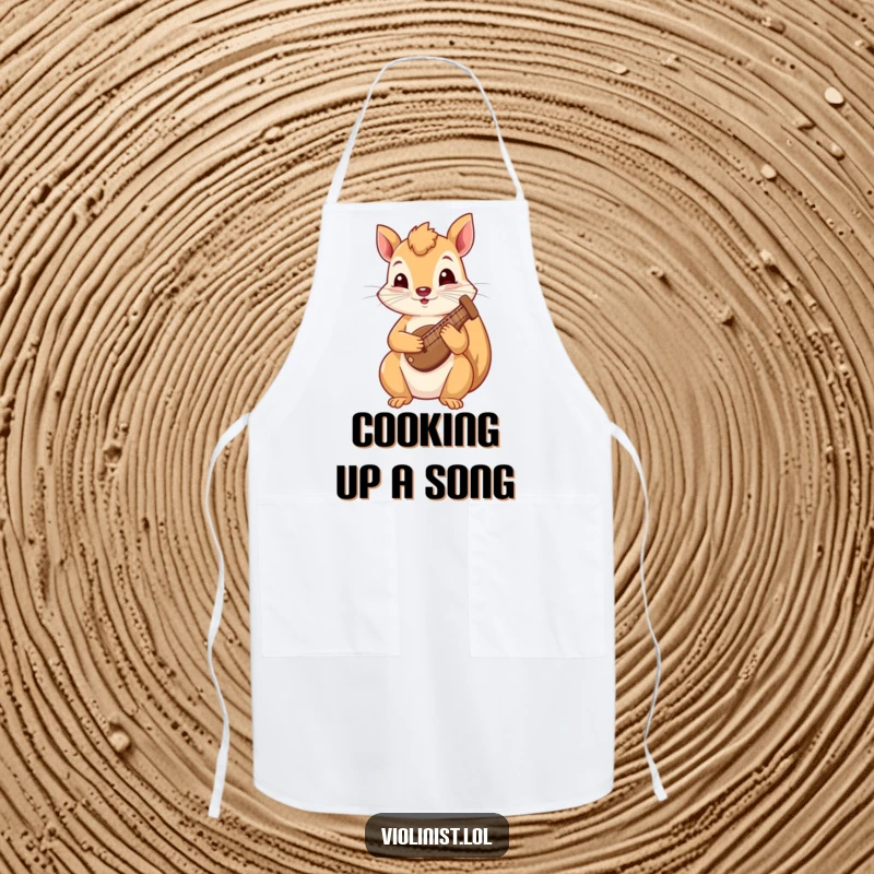 Funny squirrel apron with a curious squirrel playing a tiny harp, ideal for cooks who enjoy adding musical flair.