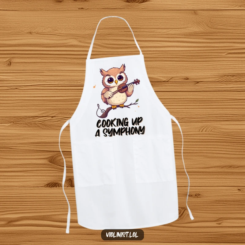 Funny apron with a curious owl playing a violin on a musical note, ready to add some wise melody to kitchen duties.