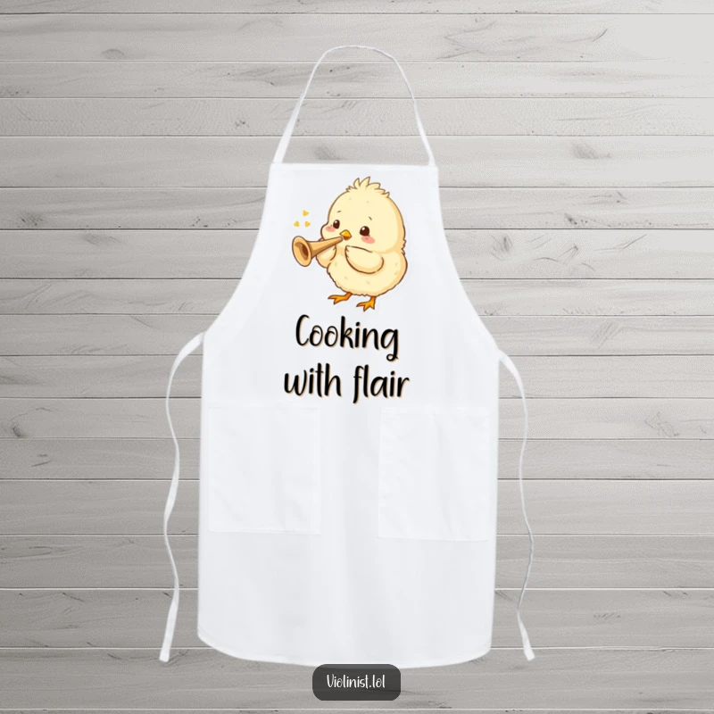 Funny apron depicting a fluffy chick playing a tiny trumpet, adding musical charm to kitchen tasks.