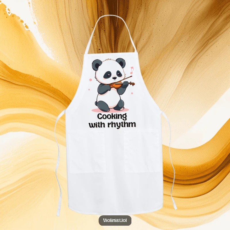Funny Panda Apron: A playful panda sways while playing the violin, perfect for adding musical cheer to cooking or crafting.
