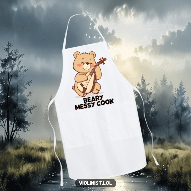 Funny bear enthusiastically playing a cello, featured on a kitchen apron.
