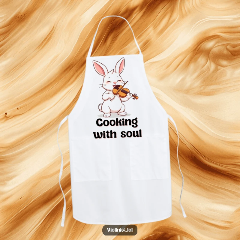 Funny bunny passionately playing violin with eyes closed, perfect for a kitchen apron.