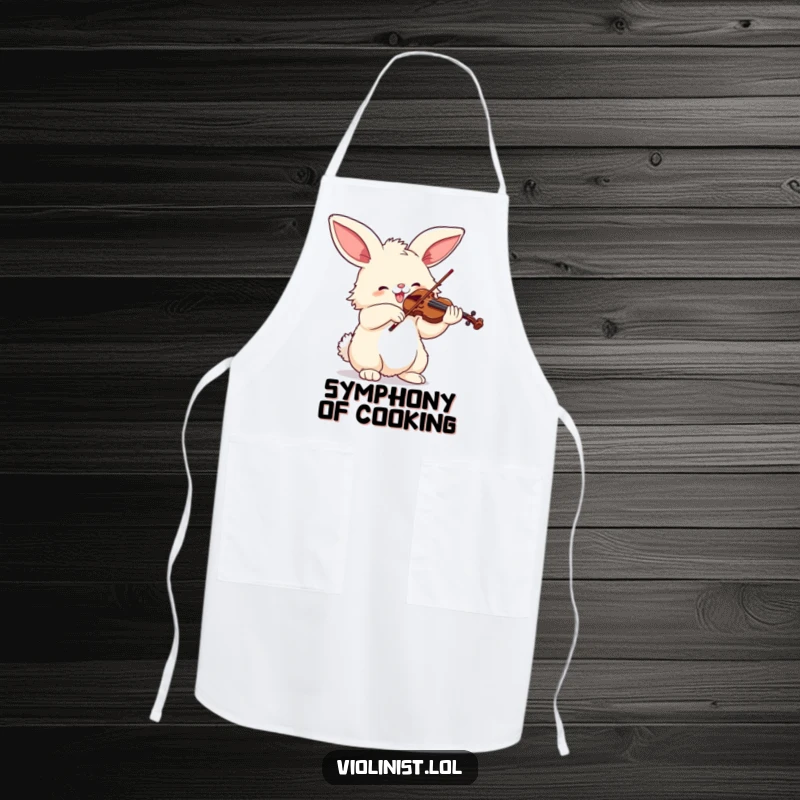 Funny apron with a fluffy bunny character joyfully playing the violin with enthusiasm, adding kitchen humor.