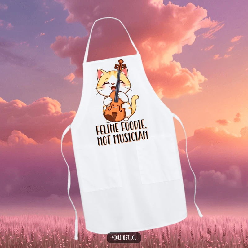 Funny apron featuring a confused cat holding a violin upside down, embodying musical mishaps in the kitchen.