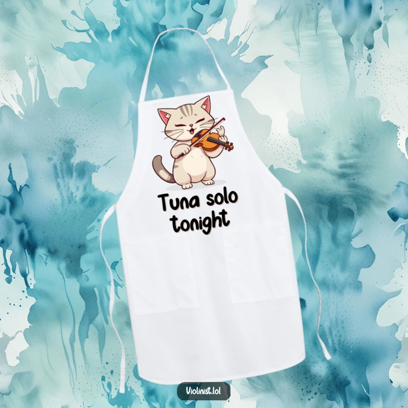 Funny apron showing a determined cat playing violin with dramatic flair and a twitching tail, perfect for a musical chef.