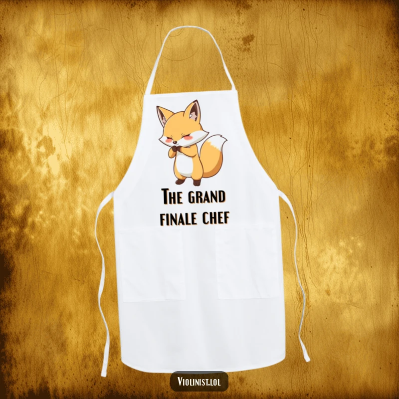 Funny fox bow apron depicting a determined fox performing a dramatic bow, perfect for theatrical kitchen fun.