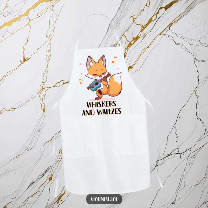 Funny fox apron showing a determined vulpine tapping its foot while cooking, a humorous and rhythmic kitchen accessory.