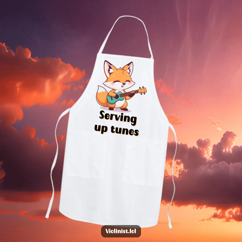 Funny apron: A determined fox plays a guitar solo while cooking, showcasing a humorous blend of musical passion and kitchen duties as a gift.