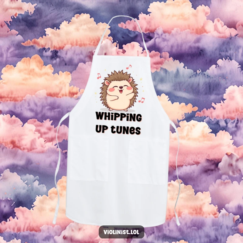 Funny hedgehog apron, giggling while swaying to music, eyes closed, bringing a humorous and joyful vibe to cooking tasks.