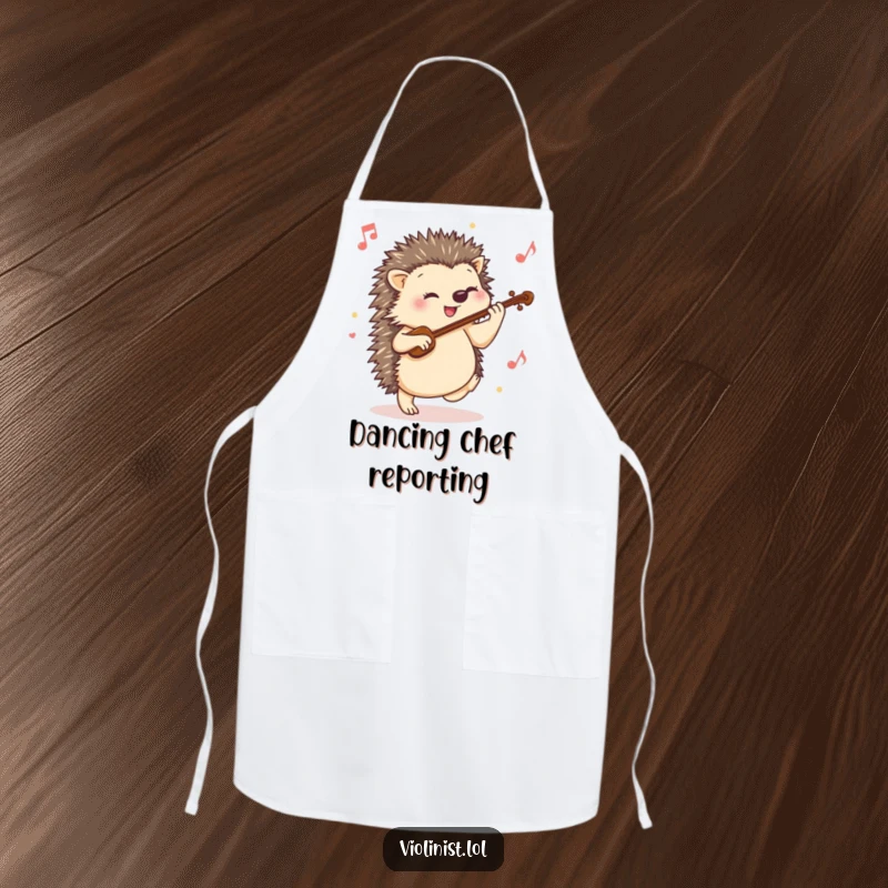Funny hedgehog apron with a happy hedgehog tapping its foot to a lively violin tune, ideal for cooks who love music.