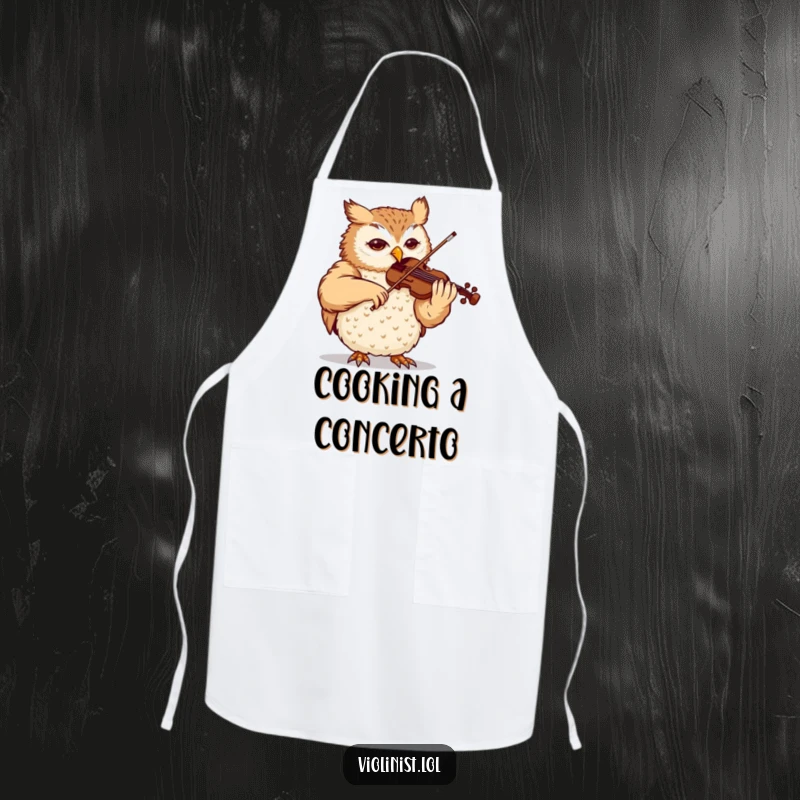 Funny owl apron, content and focused, playing a violin beautifully, bringing a humorous and artistic touch to cooking.