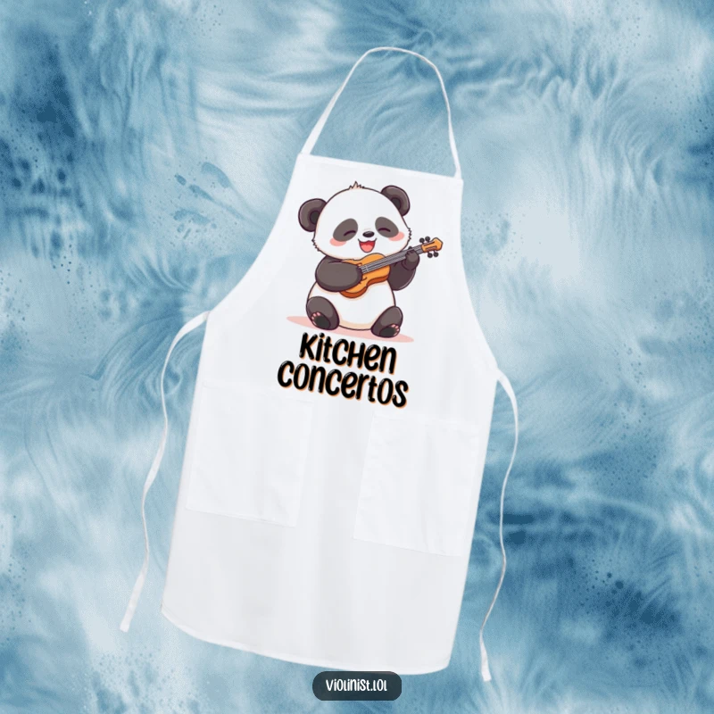 Funny panda apron, silly grin, energetically strumming a violin, bringing a humorous and enthusiastic vibe to cooking.