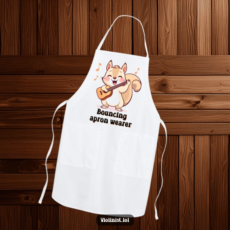 Funny apron showing a happy squirrel energetically bopping its head while playing a cheerful tune on the violin.