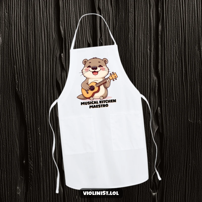 Funny otter grinning while strumming a ukulele, humorous kitchen apron, musical cooking accessory.