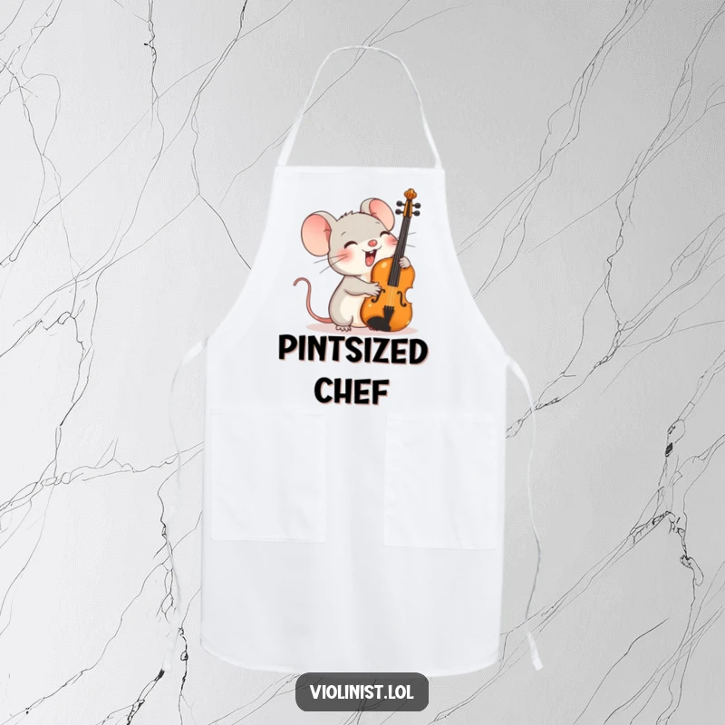 Funny apron showing a tiny mouse giggling heartily while an oversized violin is propped against its shoulder.