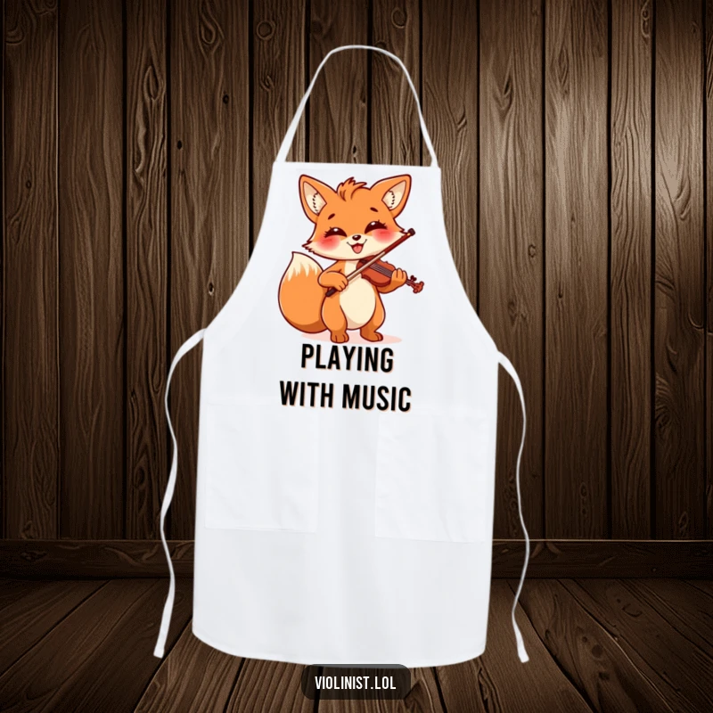 Funny apron depicting a cheerful fox passionately playing the violin with an ecstatic smile and admirable musical flair.