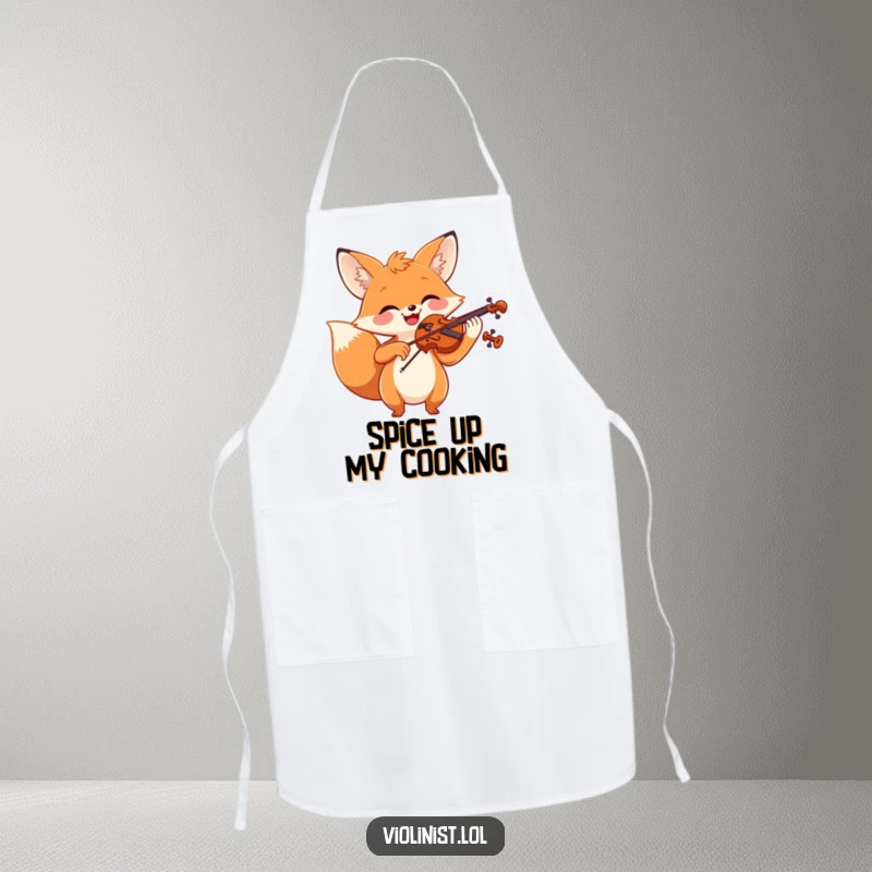 Funny fox playing violin with a broad smile, perfect for a kitchen apron.