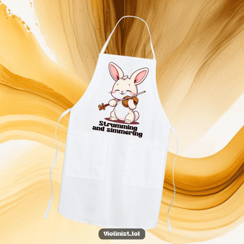 Funny bunny violin apron depicting a cheerful rabbit playing the violin with eyes closed, perfect for kitchen cheer and humor.