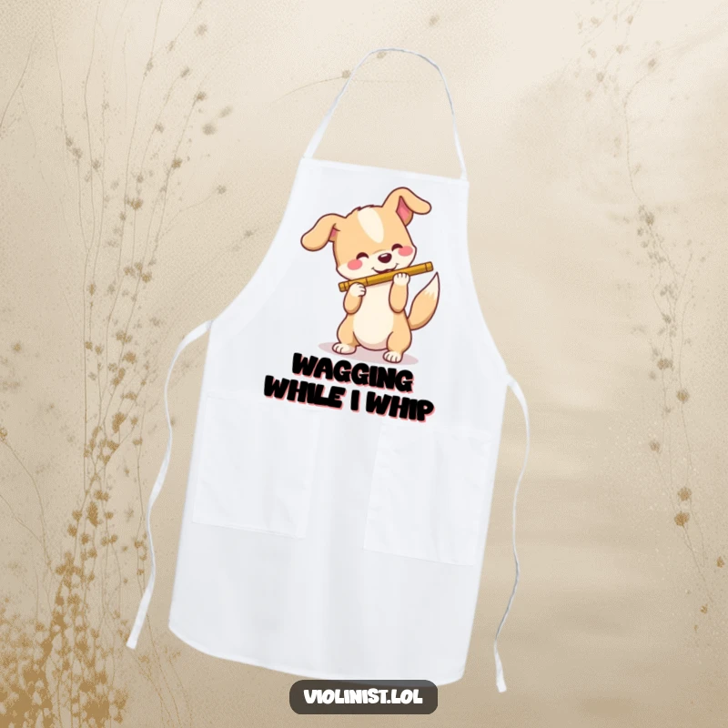 Funny dog apron, a happy dog wagging its tail, humorously trying to play a flute, ready for kitchen duty with a musical twist.