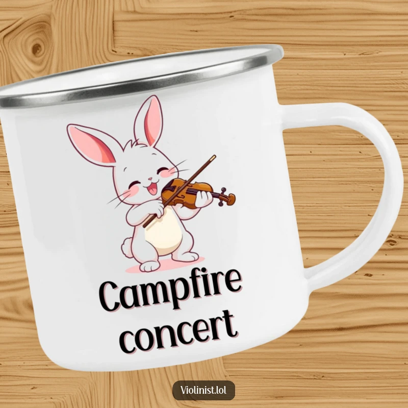 Funny camping mug featuring a joyful bunny enthusiastically playing a violin with a vibrant bow, perfect for outdoor concerts.