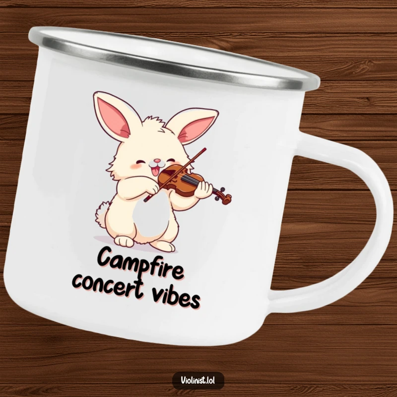 Funny enamel camping mug with a fluffy bunny playing the violin with enthusiasm, ideal for outdoor music humor.