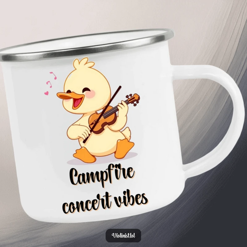 Funny duck playing a violin with virtuosic flair, illustrated on a rugged camping mug.