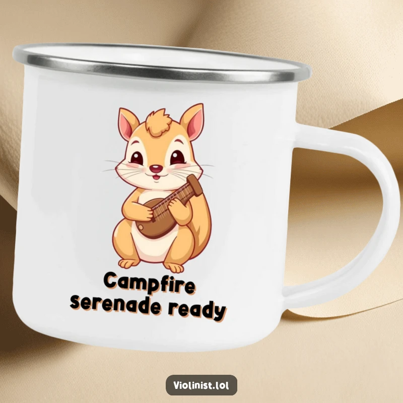 Funny squirrel camping mug featuring a curious squirrel playing a tiny harp, perfect for enjoying drinks outdoors with whimsical music.