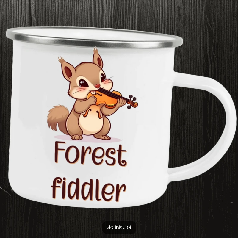 Funny squirrel camping mug showing a curious squirrel balancing a violin on its nose, perfect for outdoor musical humor.