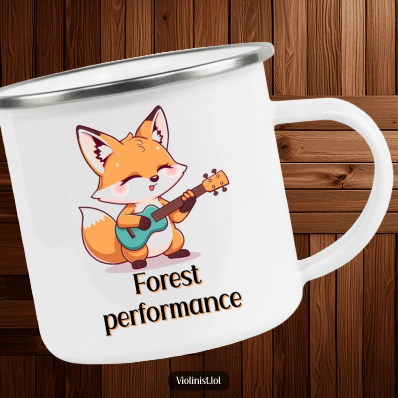 Funny camping mug: A determined fox plays a guitar solo by a campfire, bringing humorous musical vibes to outdoor adventures as a gift.