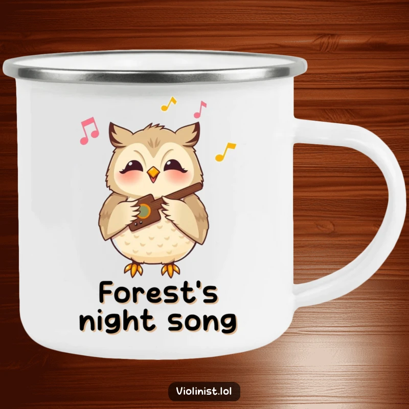 Funny owl camping mug showing a content owl playing a musical instrument with a serene smile, perfect for outdoor serene humor.