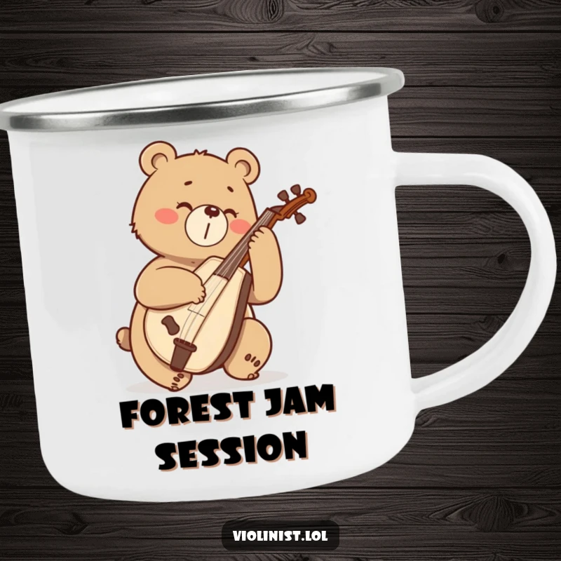 Funny bear playing a cello with great enthusiasm, illustrated on a rugged camping mug.