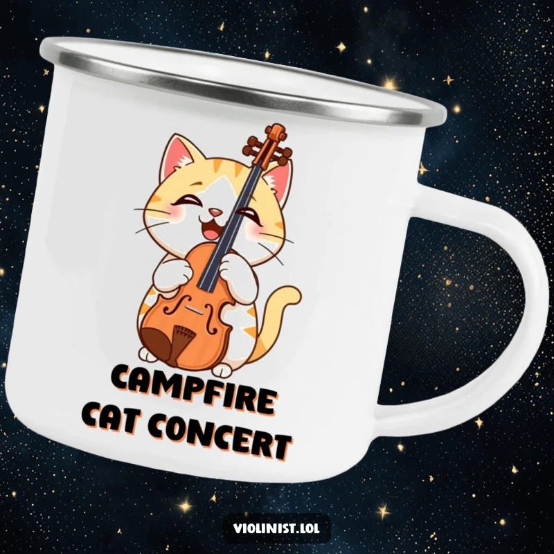 Funny camping mug showing a confused cat holding a violin upside down, ideal for outdoor adventures and musical humor.