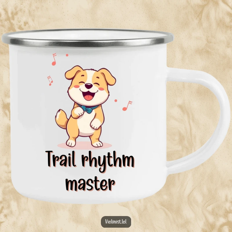 Funny camping mug featuring a happy dog enthusiastically tapping its foot to a melody, perfect for outdoor enjoyment.