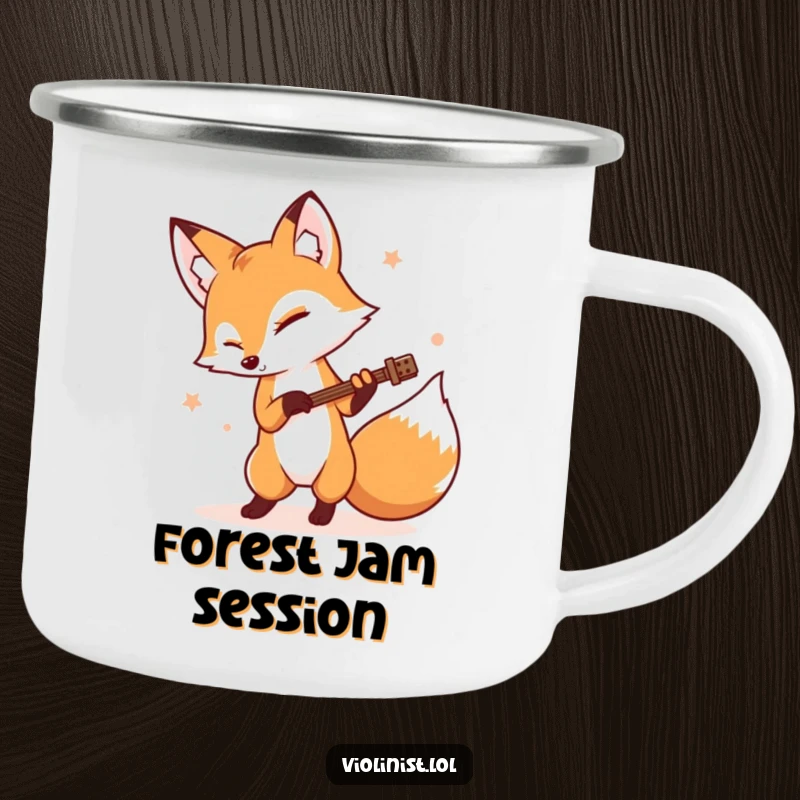 Funny determined fox tapping its foot rhythmically on a durable enamel camping mug, ideal for funny gifts.