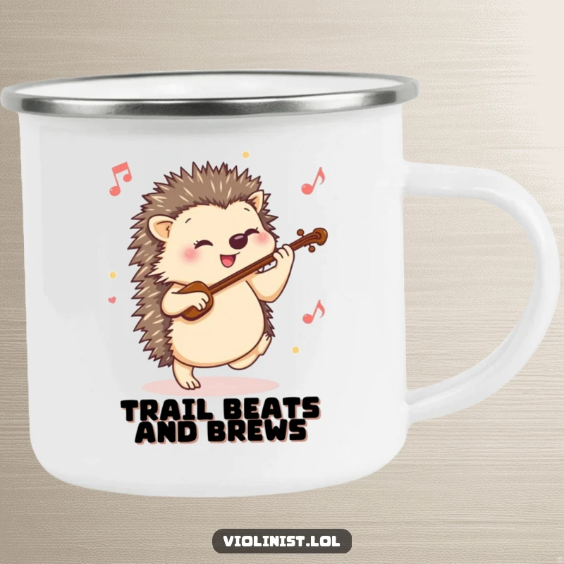 Funny hedgehog camping mug featuring a happy hedgehog tapping its foot to a lively violin tune, perfect for outdoor enjoyment.
