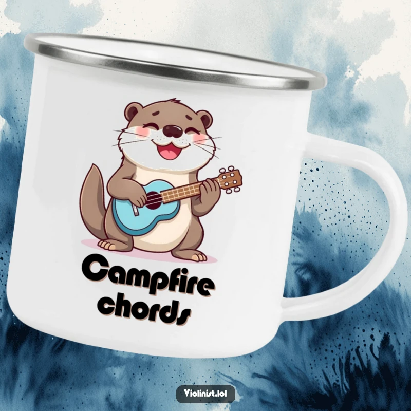 Funny otter energetically playing ukulele, perfect for this durable camping mug for musical outdoor enjoyment.