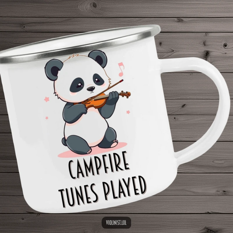 Funny Panda Music Camping Mug: A playful panda sways while playing violin, perfect for enjoying beverages during enjoyable outdoor moments.