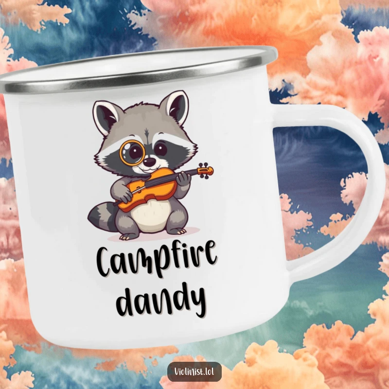 Shy raccoon with a monocle playing a tiny fiddle, illustrated on a rugged camping mug.