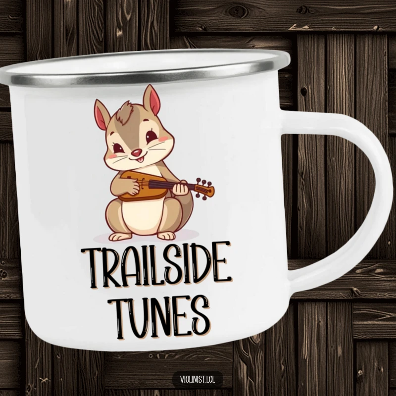 Funny camping mug: An energetic squirrel plays a miniature fiddle by a campfire, bringing humorous folk music vibes to outdoor trips.
