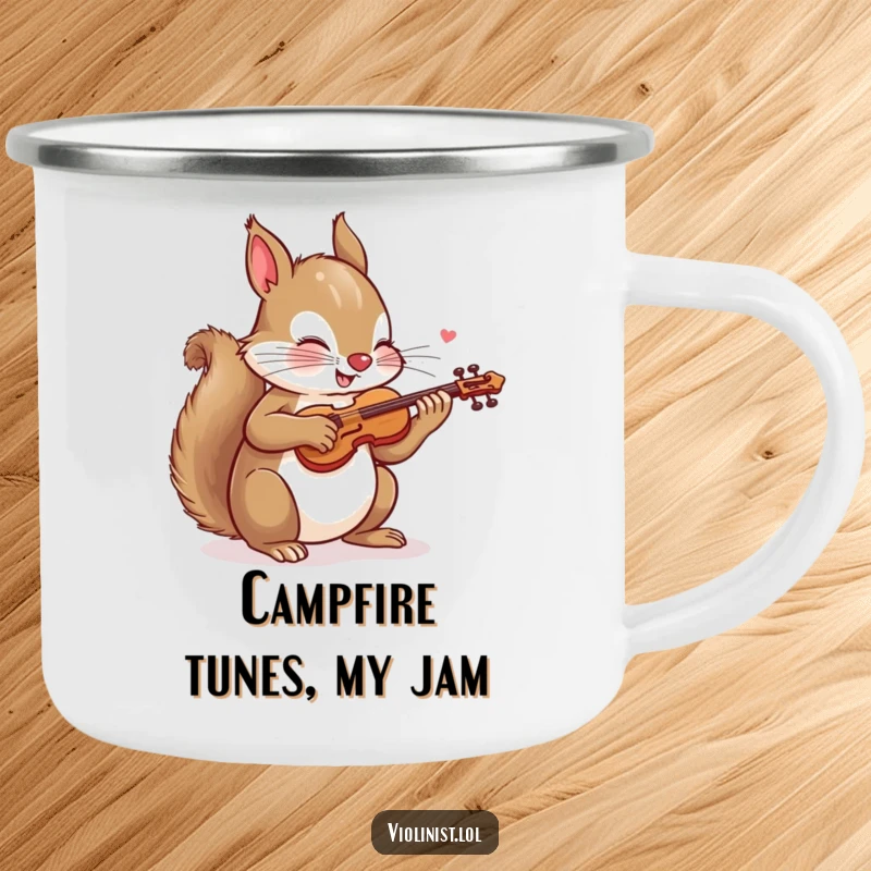 Funny camping mug with a playful squirrel energetically sawing a tiny violin, ideal for music-loving outdoor enthusiasts who enjoy humor.