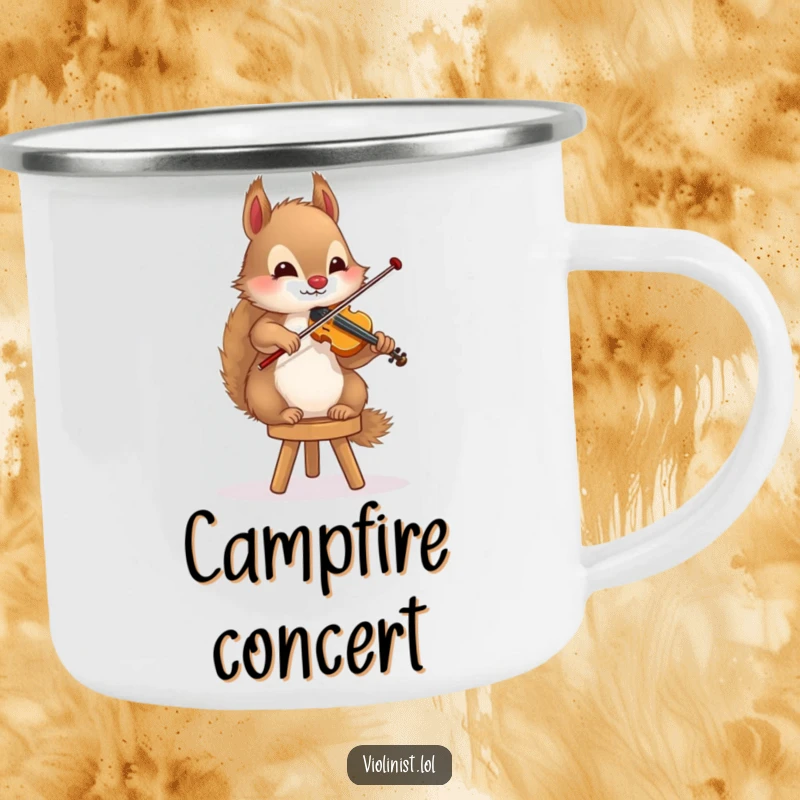 Funny squirrel camping mug showing a fluffy rodent playing the violin while balancing on a stool outdoors, a musical companion.