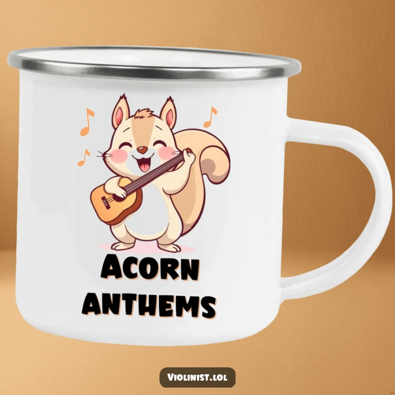 Funny camping mug of a happy squirrel energetically bopping its head while playing a cheerful tune on the violin outdoors.