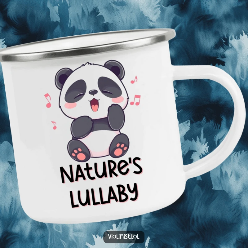 Funny panda with eyes squeezed shut in melodic bliss on a durable enamel camping mug, ideal for funny gifts.