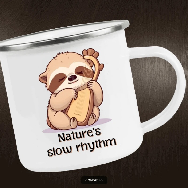 Funny sloth camping mug, a sleepy sloth gently plucking a harp with one claw, offering peaceful melodies for outdoor enjoyment.