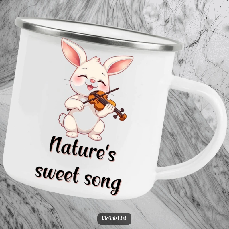 Funny bunny playing a miniature violin, perfect for this durable camping mug, enjoying nature with musical bliss.