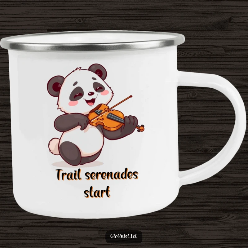 Funny camping mug with a giggling panda playing the violin with dramatic flourish, perfect for outdoor humor.