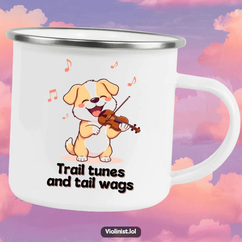 Funny dog camping mug featuring a happy dog playing the violin outdoors, perfect for enjoying music by the campfire.