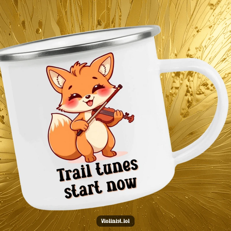 Funny camping mug featuring a cheerful fox with a joyful smile, playing the violin with impressive musical flair outdoors.